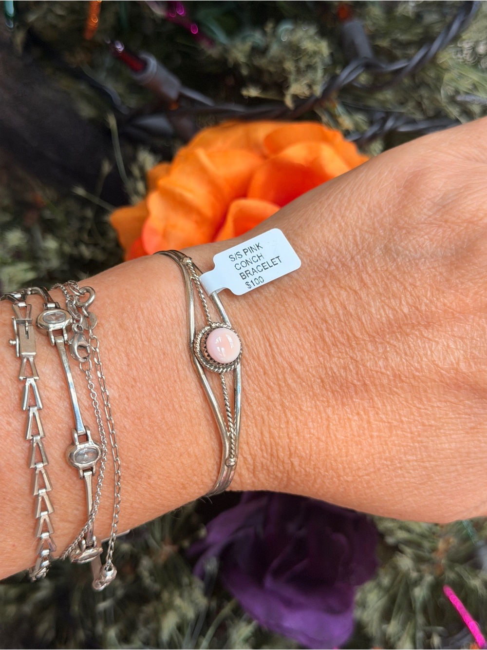 Pink Concho Stone sterling Silver Bracelet